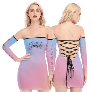 Love Yourself Dress Pastel Gradient Colors Signatures KPop Merch Army Gift Idea Off Shoulder Back Lace-Up All Over Print Dress Korean Style
