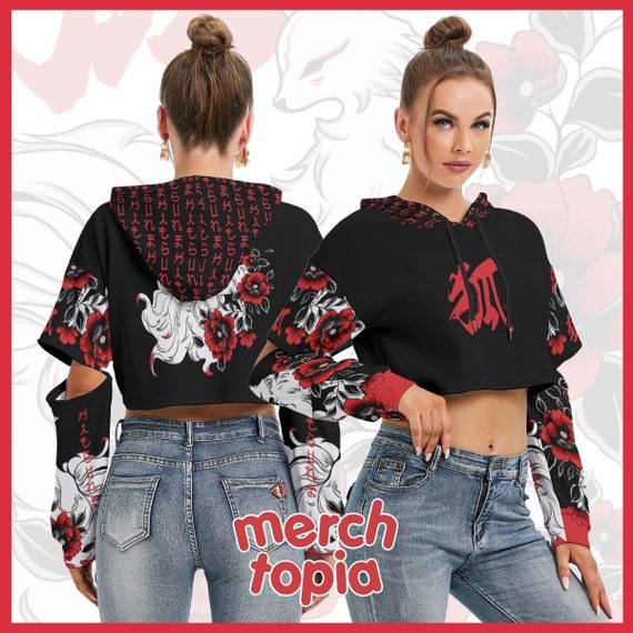 Kitsune Fox Hoodie Nine Tailed Fox Mask Spirit Japan Kami Inari Guardian AOP Women's Heavy Fleece Hooded Sweatshirt Hollow Sleeves POLYESTER