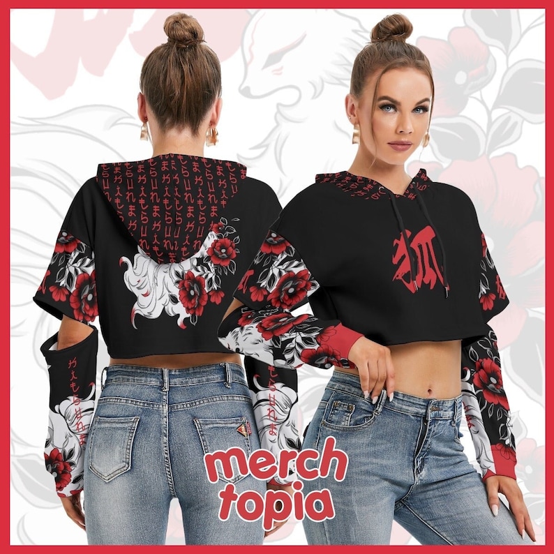 Kitsune Fox Hoodie Nine Tailed Fox Mask Spirit Japan Kami Inari Guardian AOP Women's Heavy Fleece Hooded Sweatshirt Hollow Sleeves POLYESTER Kitsune Fox, Nine Tailed Fox, Inari Guardian, Kitsune Spirit, Trendy Kitsune Apparel, Kitsune Fox Spirit