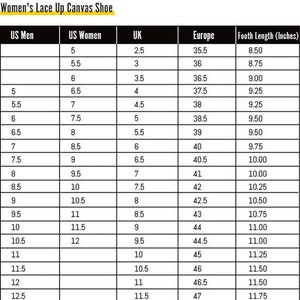 May include: Size chart for women's lace-up canvas shoes. The chart shows US men's and women's sizes, UK sizes, European sizes, and corresponding foot length in inches.