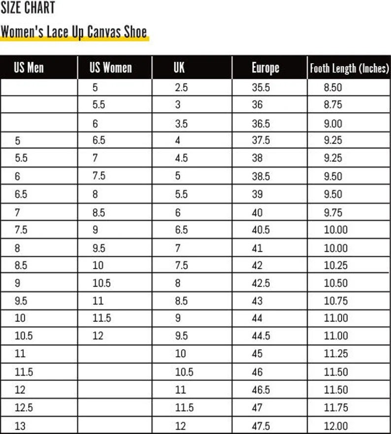 May include: Size chart for women's lace-up canvas shoes. The chart shows US men's and women's sizes, UK sizes, European sizes, and corresponding foot length in inches.