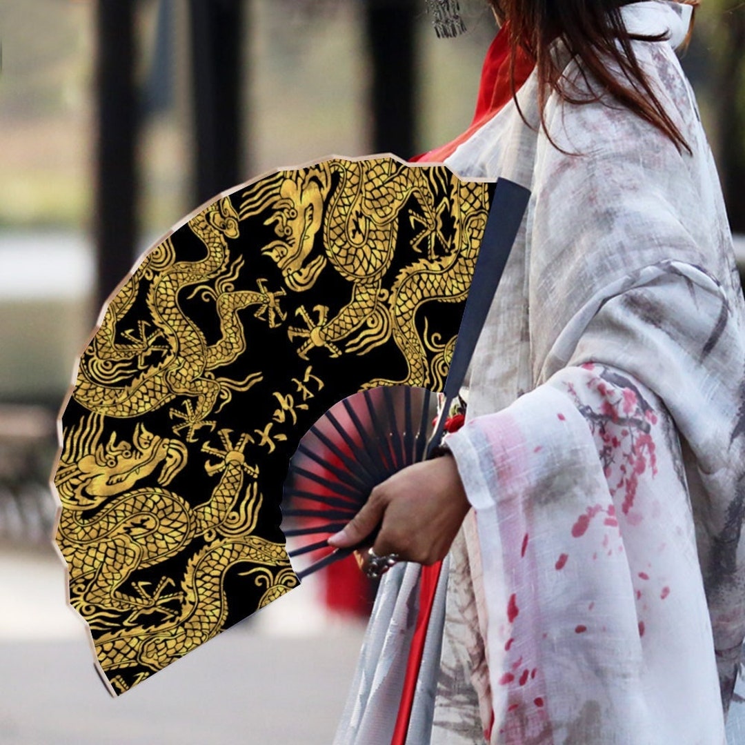 Daechwita Spun Silk Fan Double Sided Print Golden Dragon King