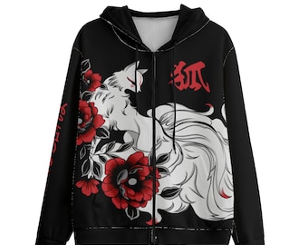 Kitsune Fuchs Hoodie Neunschwänzige Fuchs Maske Geist Japan Kami Inari Guardian All-Over Print Unisex Pullover Reißverschluss Hoodie | 310GSM 100% Baumwolle