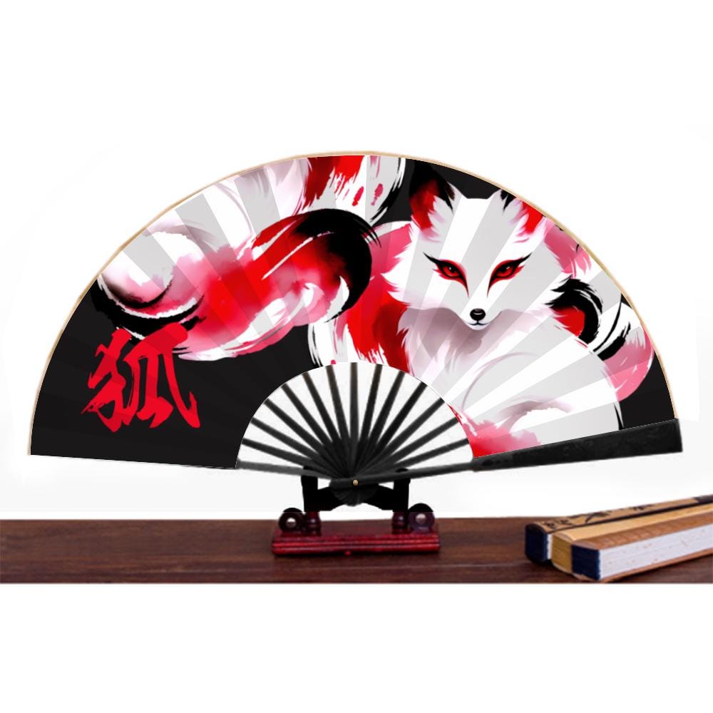 Black Kitsune Spun Silk Fan Black Nine Tailed Fox Kami Inari
