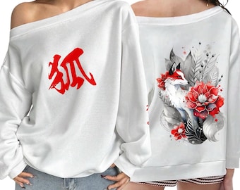 Kitsune Fox Sweatshirt Nine Tailed Fox Mask Spirit Japan Kami Inari Guardian Japanese Style Women's Off-Shoulder Sweatshirt | Polyester