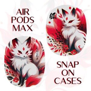 Kitsune-themed AirPods case featuring nine-tailed fox, Japanese folklore-inspired design, elegant red, white, and black colors, durable polycarbonate, wireless charging compatible, scratch-resistant, fox mask artwork, perfect gift for Japan lovers