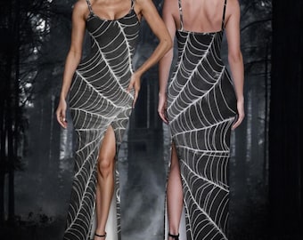 Spider Web Print Dress Women’s Long Dress – Gothic Halloween Maxi Dress, Slim Fit Party Gown with High Slits | Polyester & Spandex Material