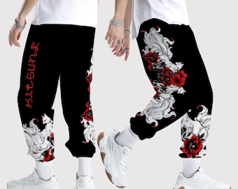 Calça preta unissex raposa de nove caudas kitsune raposa de nove caudas kami inari guardião do folclore japonês divindade guardiã do arroz com estampa completa calças largas de corrida