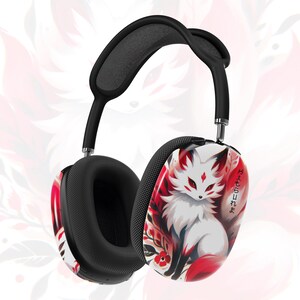 Kitsune-themed AirPods case featuring nine-tailed fox, Japanese folklore-inspired design, elegant red, white, and black colors, durable polycarbonate, wireless charging compatible, scratch-resistant, fox mask artwork, perfect gift for Japan lovers