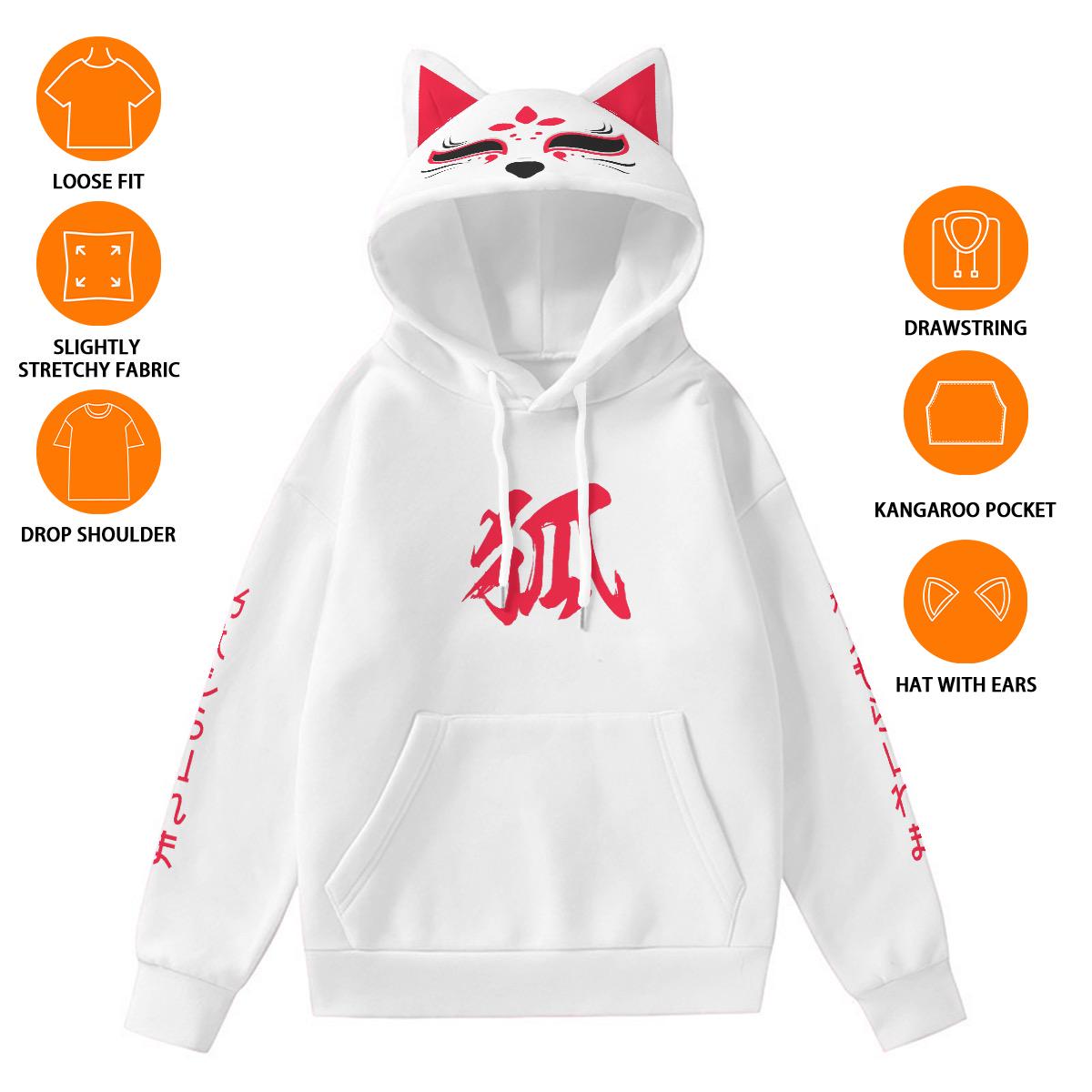 Kitsune Fox Hoodie 3D Ears Nine Tailed Fox Mask Spirit Japan Kami