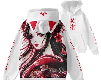 Sudadera con capucha de geisha japonesa con orejas de gato, 芸者, arte japonés Kanji, moda de anime, estilo japonés, regalo de cultura japonesa, kimono, sudadera con capucha unisex AOP