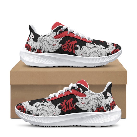 Black Kitsune Sport Shoes Mesh Material Handmade All Over Print