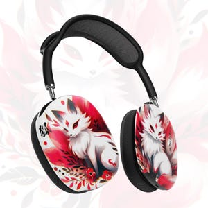 Kitsune-themed AirPods case featuring nine-tailed fox, Japanese folklore-inspired design, elegant red, white, and black colors, durable polycarbonate, wireless charging compatible, scratch-resistant, fox mask artwork, perfect gift for Japan lovers