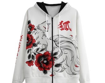 Kitsune Fox Hoodie Nine Tailed Fox Mask Spirit Japan Kami Inari Guardian All-Over Print Unisex Pullover Reißverschluss Hoodie | 310 g/m², 100 % Baumwolle