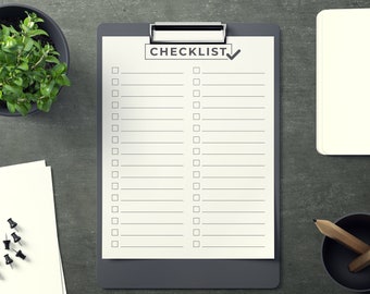 May include: A checklist on a clipboard with a black checkmark next to the word "CHECKLIST". There are 18 blank lines on each side of the checklist. The clipboard is on a gray surface with a potted plant, a notebook, a pencil holder, and push pins.