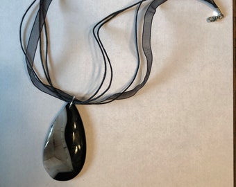 17" black organza and cord necklace with black and grey pendant