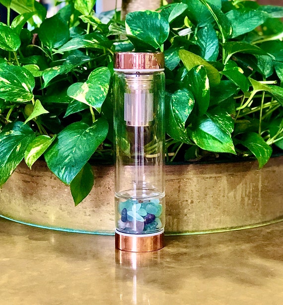 Flourite Reusable Rose Gold Crystal Water Bottle Gemstone Base and Tea  Infuser Eco-friendly Crystal Infused Glass Water Bottle 