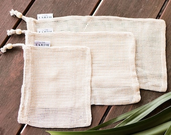 3 SIZES - Mesh Produce Bags 100% Organic Cotton Open Weave Reusable Vegetable Bag | Produce Grocery Bags \ Drawstring