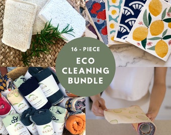 May include: A 16-piece eco-friendly cleaning bundle featuring a variety of reusable cleaning cloths, sponges, and paper towels. The bundle includes a variety of colors and patterns, including blue, green, yellow, and red.