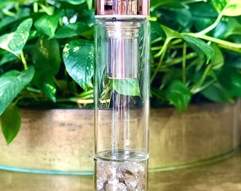 Smokey Quartz Reusable Rose Gold Crystal Water Bottle with Gemstone Base and Tea Infuser | Eco-friendly Crystal Infused Glass water bottle