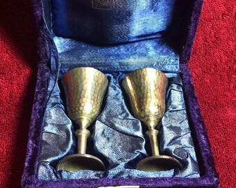 Vintage Boxed Pair Presentation Cups, Pair Small Goblets, Velvet Box.