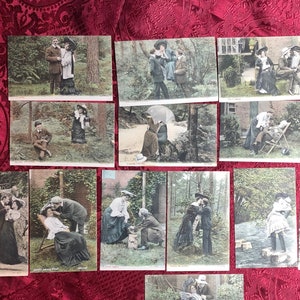 Cartes postales anciennes, lot de 14 cartes postales anciennes, toutes sur le thème de l'amour, courtisant des couples de la vieille Angleterre, scènes romantiques, rare et historique