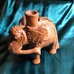 Vintage Terracotta Elephant, Hand Made Decorative Candle Holder, Folk Art, Glazed Pottery Elephant Statue.