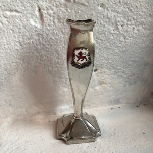 Vintage Launceston Souvenir Vase, Silver Plate, EPNS, Art Deco Style Bud Vase, Enamelled Lion Badge.