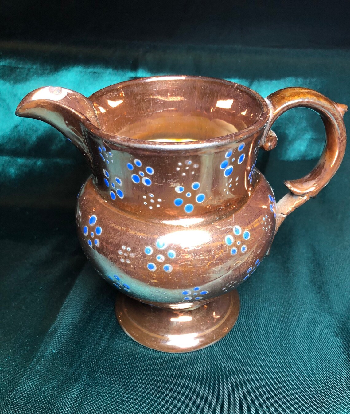 Antique Copper Lustre Jug Blue Dot Pattern English Etsy