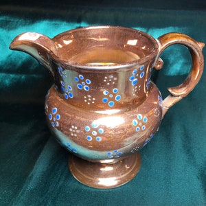 Antique Copper Lustre Jug, Blue Dot Pattern, English Earthenware.