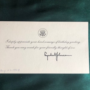 Lyndon B. Johnson, Rare Presidential Signature Card, Aug. 27 1964, White House Thankyou Card, US Politics, Johnson Administration.