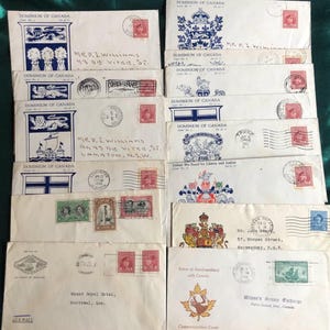 14 Rare Canadian Philatelic Covers, Stamped Envelopes From 1940&#39;s, Illustrated Cachet Covers with Stamps, Canada Postal History, Provinces.