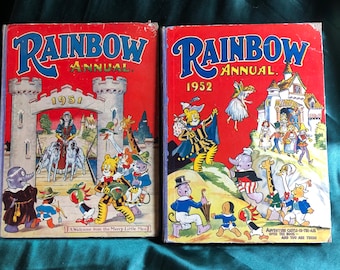 Rainbow Annual's (2)  1951 & 1952, Colourful Vintage Children's Literature., Comics, Stories, Puzzles, Kid's Adventure.