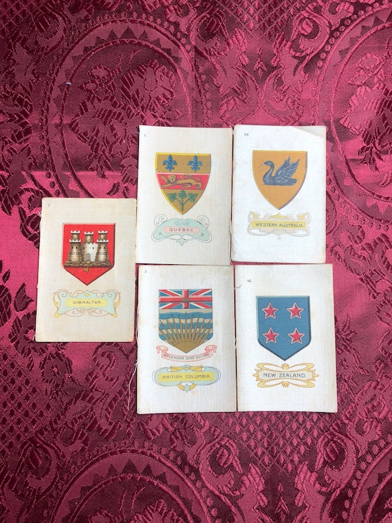 5 Rare Satin Cigarette Cards, Arms of the British Empire, Western Australia,  New Zealand, British Colombia, Collector Cards