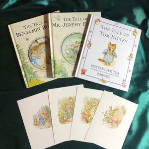 May include: Four Beatrix Potter children's books, The Tale of Benjamin Bunny, The Tale of Mr. Jeremy Fisher, The Tale of Tom Kitten, and four postcards featuring illustrations from the books.