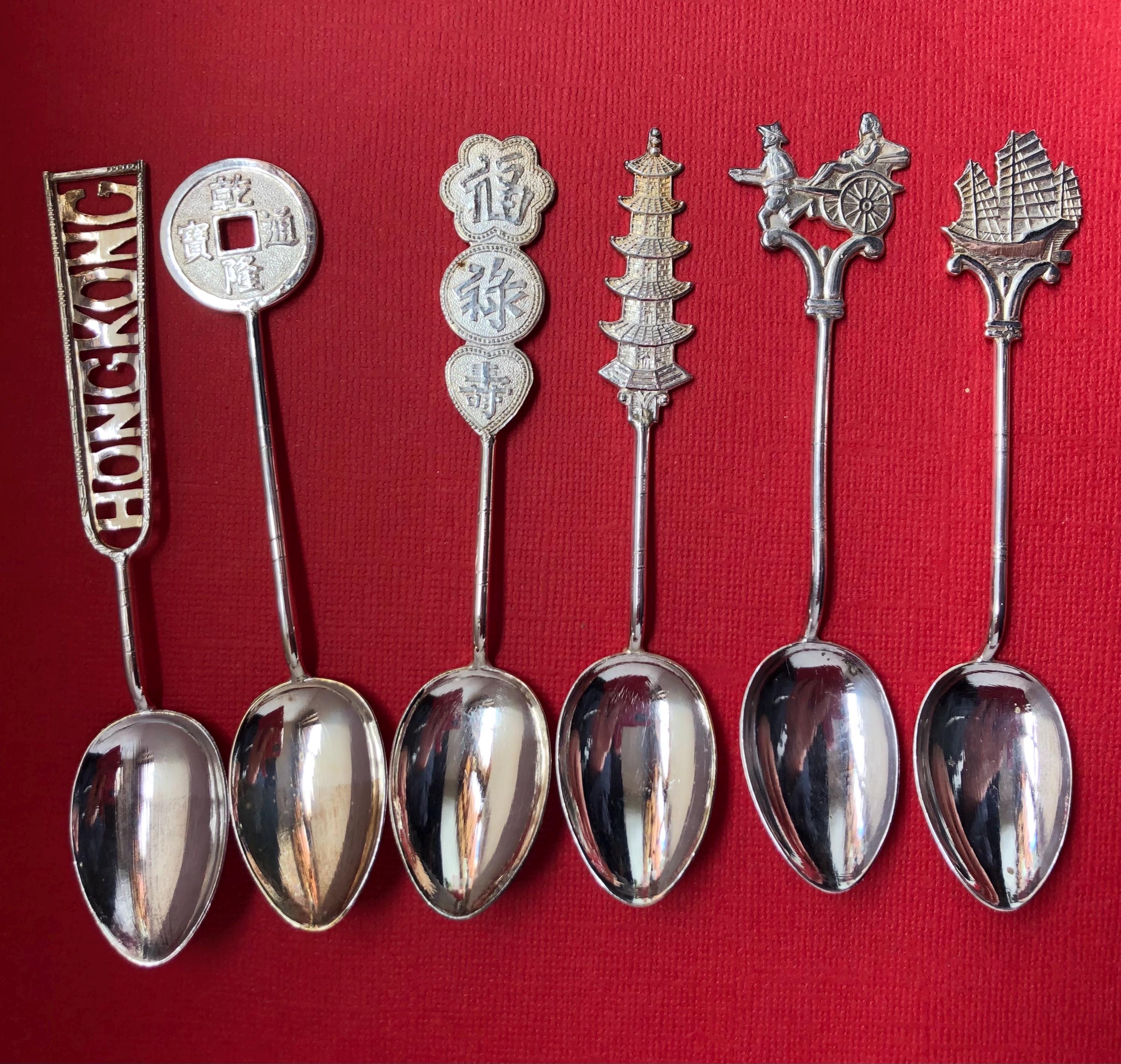 香港のビンテージ シルバー スプーン、東洋の華やかなお土産ティー