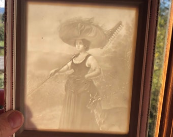 Rare Antique Lithophane Panel, Country Lady at Harvest with Goat, Porcelain Art, Victoriana.