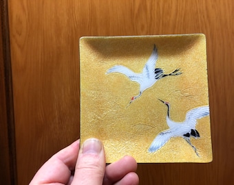 Vintage Japanese Cloissone Enamel Decorative Plate, Ibises On Gold, Tutanka Brand.