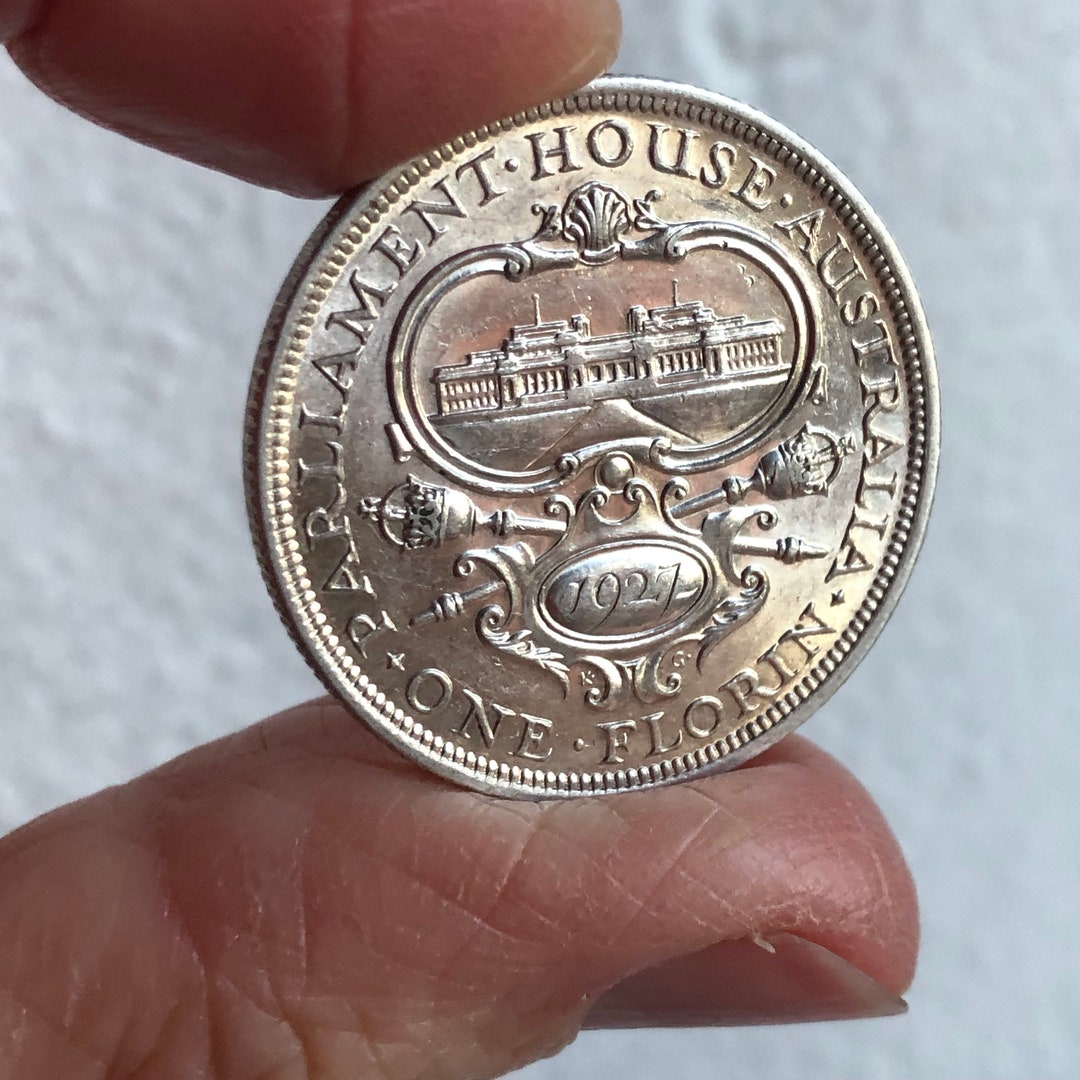 Rare Australian Commemorative Coin, 1927 Silver Florin 2 Shillings, Parliament Canberra