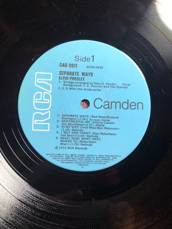 Vintage Elvis Presley, LP Record, “separate Ways” RCA 1972, Ten