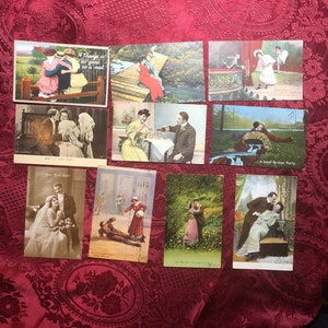 Antique Picture Postcards, 10 Genuine Old Postcards Featuring Romantic Couples, Victorian Courtship, Turn of the Century Romance.