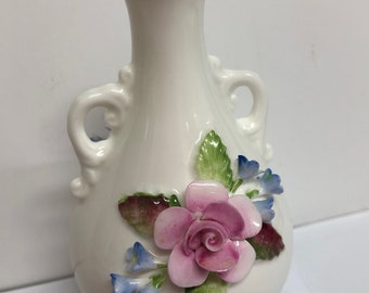 Beautiful Coalport Miniature Vase, Colourful Applied  Flower Design, White Porcelain, Pink Roses, Quality Made In England,