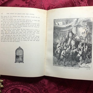 May include: A black and white illustration of Jesus riding a donkey into Jerusalem. People are waving palm branches and cheering. The text "JESUS ENTERS INTO JERUSALEM" is at the bottom of the image.