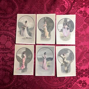Antique Glamour Postcards, Circa 1910, Set of 6 Lovely Ladies from the Turn of The Century, Riske French Cards.