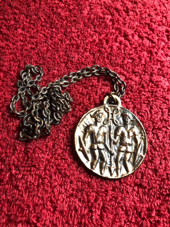 Vintage Metal Gemini Medallion, Copper Look Zodiac
