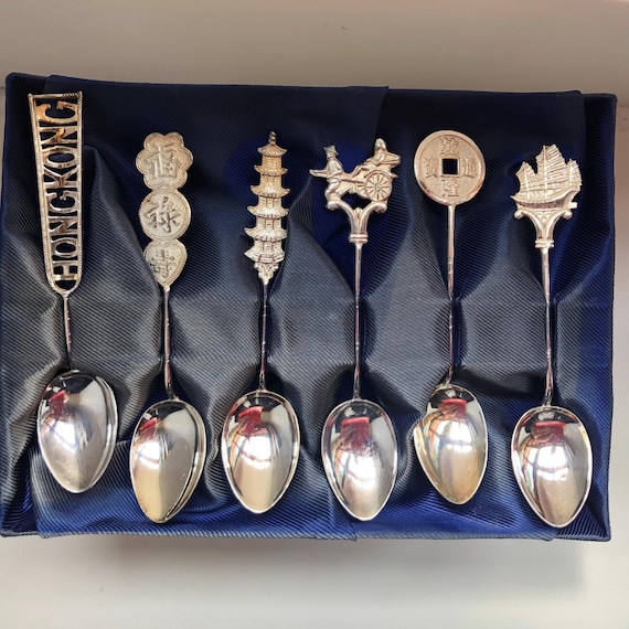 Vintage Silver Spoons From Hong Kong, 6 Ornate Souvenir Teaspoons