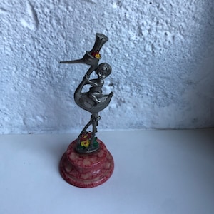 Vintage Italian Pewter Statuette Stork Delivering Bambino, Gift For Newborn Or Expectant Mother, Mid-Century Italian Art, Baby Shower Gift.