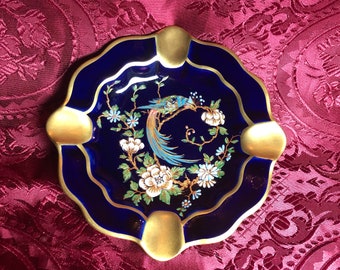 Beautiful Vintage Limoges Ashtray, Monarch in Blue &Gold, Pheasant and Flowers, French Porcelain Art.