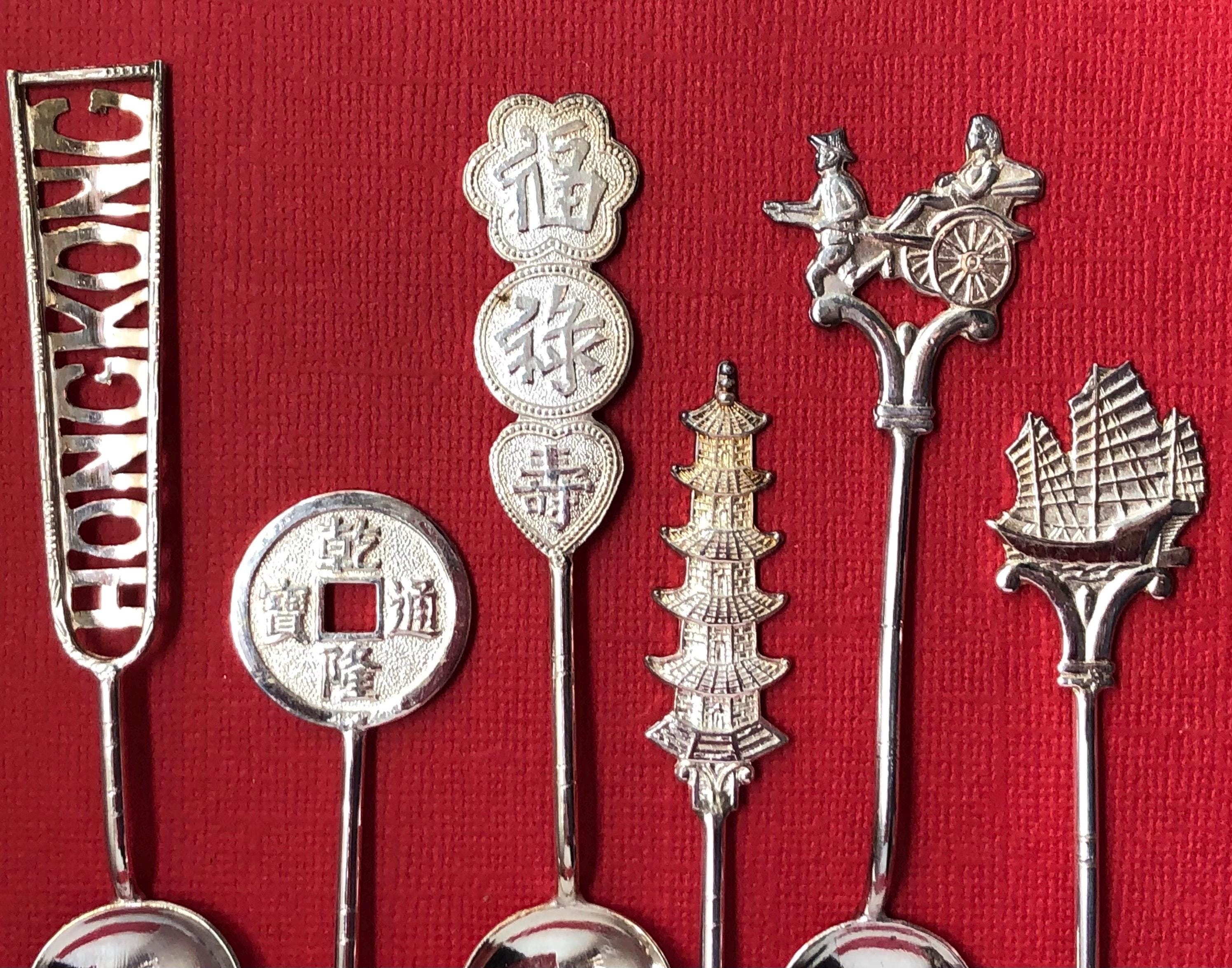 香港のヴィンテージ銀スプーン、東洋の華やかなお土産ティースプーン6