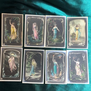 Set of 8 Antique Postcards, Beautiful Art Nouveau Style Picture Postcards, Colourful Glamorous Lovely Ladies.
